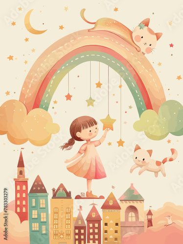 a little girl flying a kite over a city