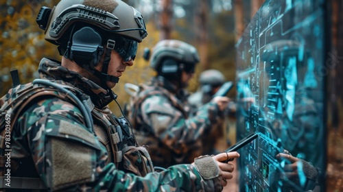 AI technology in the army. Warfare analytic operator checking coordination of the military team. Military commander with a digital tablet device with artificial intelligence operating troops outdoors.