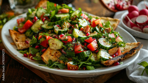 Vibrant egyptian fattoush salad with pita bread, fresh veggies, and pomegranate seeds