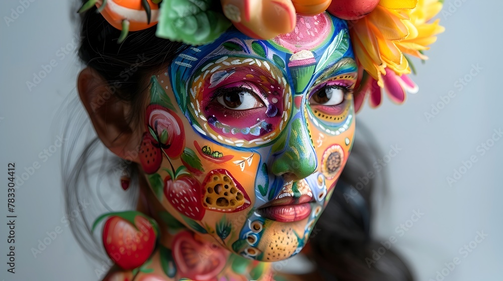 Vibrant and Whimsical Food-Themed Face Painting on Alluring Young Woman in Surreal Portrait Photograph