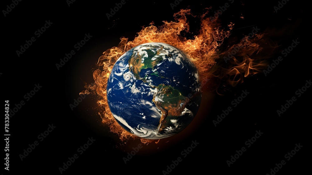 Planet Earth ablaze illustrated in photorealism to emphasize the harsh reality of global warming and its catastrophic effects on our world