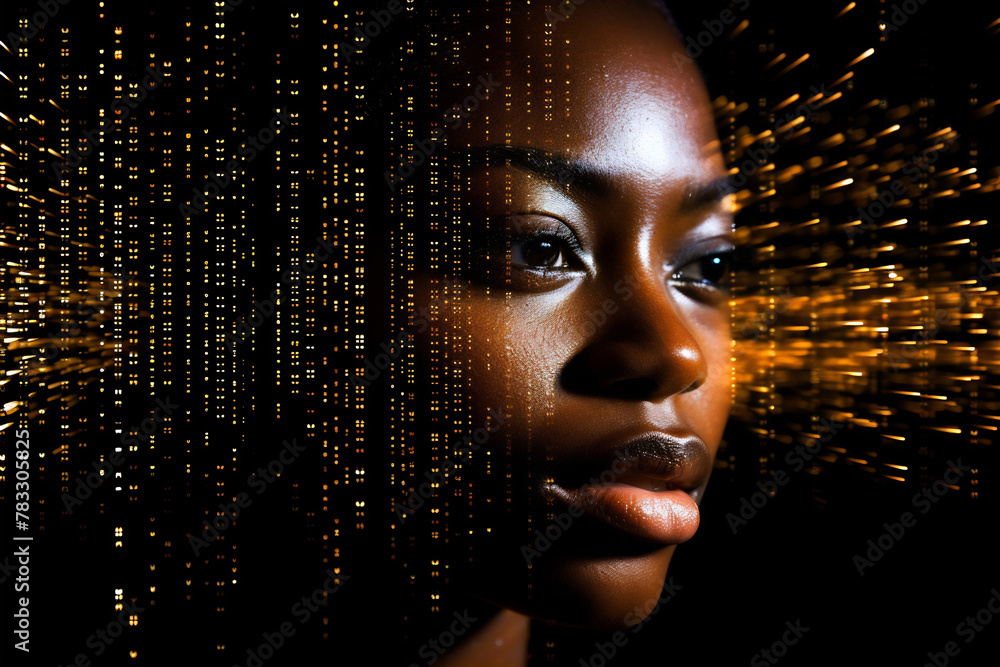 Black woman face with digital matrix numbers. Artificial intelligence. AI theme with a female human face Black woman face with digital matrix numbers. Artificial intelligence. AI theme with a female human face