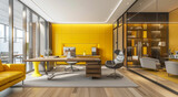a modern office with a yellow accent wall