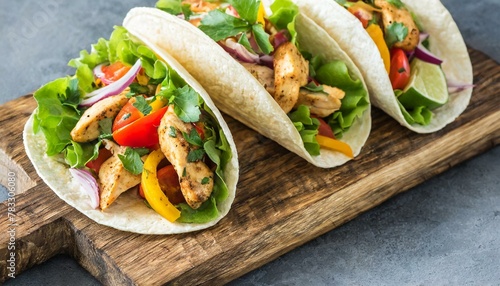 healthy tacos with chicken and vegetables on wooden board, top view, copy space