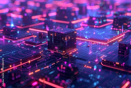 Cyber city neural network, 3D render of glowing neon city grid pattern like an AI network, 3D all rendered in the style of a cartoon