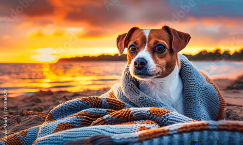 Cozy Jack Russell Terrier Bundled in Blanket, Enjoying Peaceful Sunset at Serene Sandy Beach
