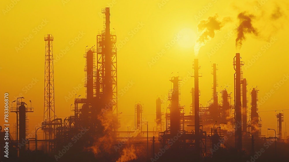 Silhouette of towering refinery structures against a yellow streaked sky a blend of might and mildness Silhouette of towering refinery structures against a yellow streaked sky a blend of might and mildness