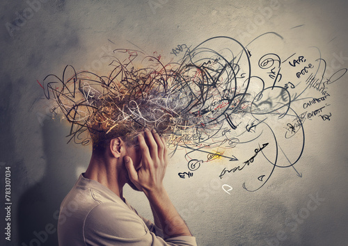 A man with numerous words written all over his head, looking overwhelmed by the chaos of thoughts.