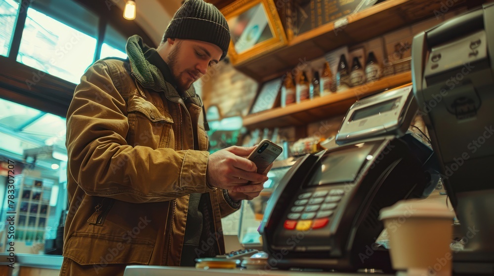 Close-up of man using smart phone while making contactless payment in a cafe Close-up of man using smart phone while making contactless payment in a cafe