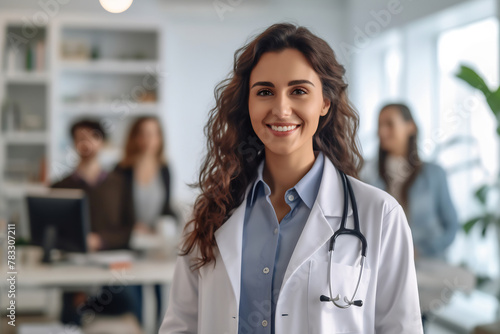 Young white woman wearing doctor uniform and stethoscope with a happy smile. Lucky person