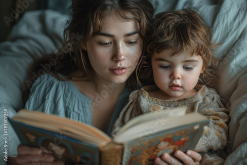 A mother reading a bedtime story to her children, nurturing their imaginations and fostering a love for literature. Concept of maternal nurturing and educational support. Generative Ai.