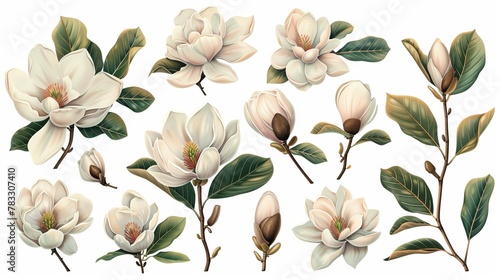 Vector flowers set with Magnolia flowers. Isolated elements with Magnolia flowers, brunches and leaves. photo