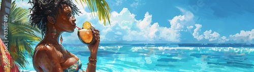 A pretty african american woman is sipping a drink out of a coconut  © NatthyDesign