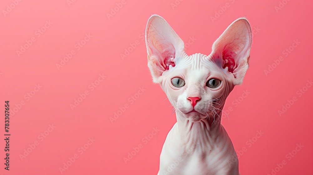 a white sphinx cat is sitting on a pink background and looking at the camera