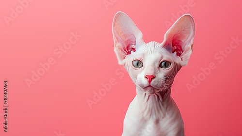 a white sphinx cat is sitting on a pink background and looking at the camera © Katsiaryna