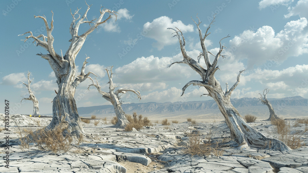 Dead trees in desert, barren landscape, cracked earth, arid environment Dead trees in desert, barren landscape, cracked earth, arid environment