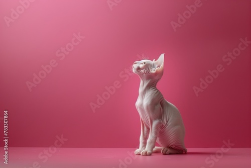 Fawn hairless cat, with tail, sitting on a pink nackground