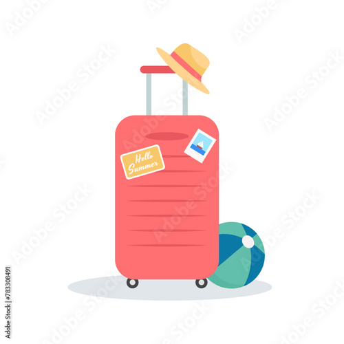 Big suitcase with hat, beach ball and hello summer sticker. Vacation travel luggage. 