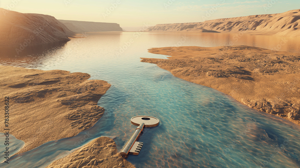 Giant key resting in shallow waters amidst desert landscape, a metaphor for unlocking potential or solutions, great for motivational content and strategic business themes. - obrazy, fototapety, plakaty 