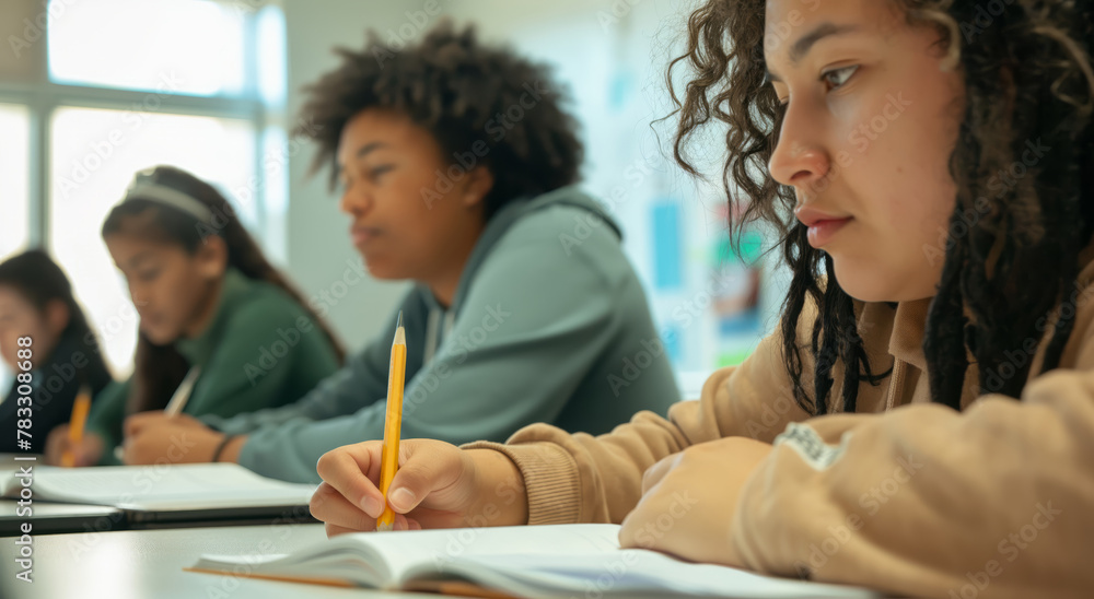 A group of young students sitting at a table, engaged in discussion and studying for an exam in a classroom setting. A group of young students sitting at a table, engaged in discussion and studying for an exam in a classroom setting.
