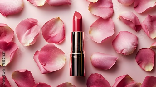 pink lipstick and rose petals photo