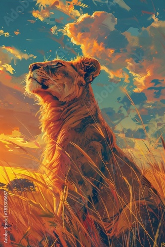 Envision a vast savanna stretching to the horizon, where a majestic lioness leads her pride on a hunt, her golden coat shimmering in the sunlight as she scans the tall grass for signs of prey