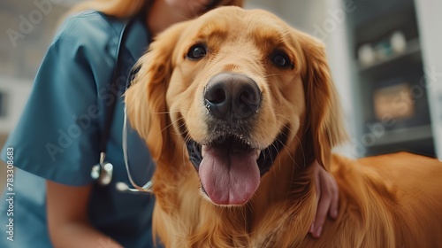 
Young Handsome Veterinarian Petting a Noble Golden Retriever Dog. Healthy Pet on a Check Up Visit in Modern Veterinary Clinic with a Professional Caring Doctor photo