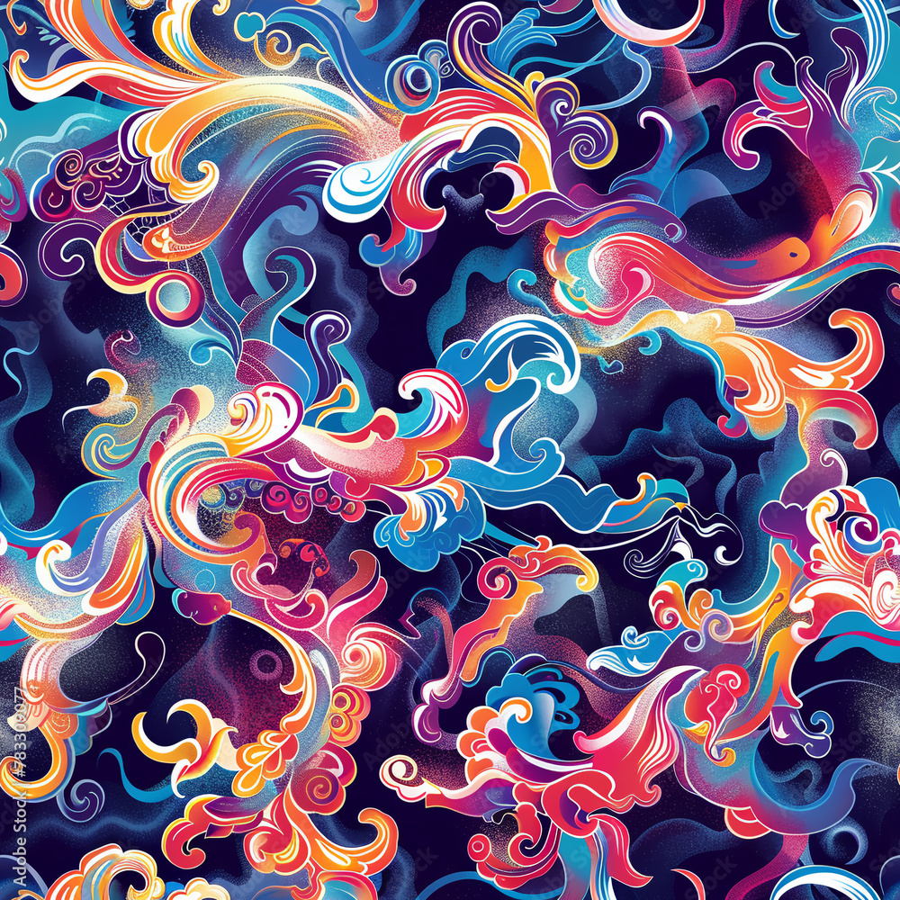 Abstract Colorful Swirls and Waves Seamless Pattern, Psychedelic Fluid Art Background