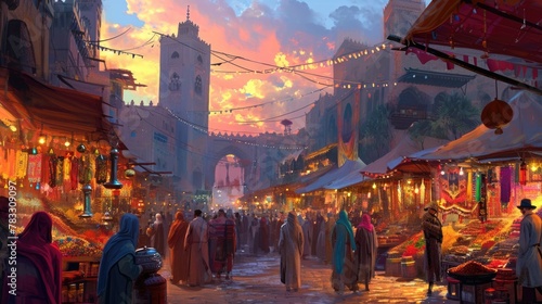 The warm glow of sunset bathes a traditional Moroccan market, where locals engage in commerce amid vibrant stalls and goods. Resplendent. © Summit Art Creations