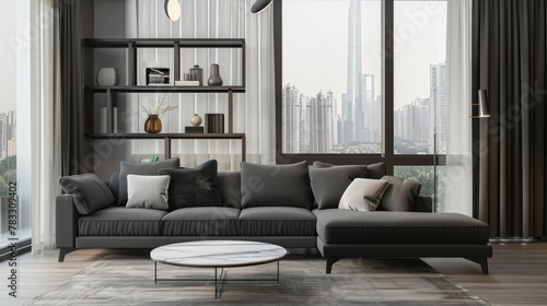 Sleek Minimalist Living Room with Charcoal Gray Sectional photo