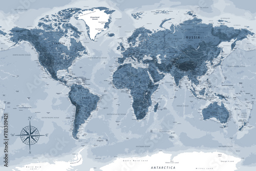 World Map - Highly Detailed Vector Map of the World. Ideally for the Print Posters. Grey Silver Monochrome Colors. With Relief and Depth