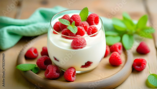 A glass jar filled with homemade yogurt and topped with fresh raspberries