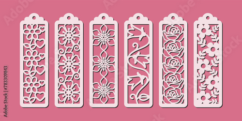 Set of vertical bookmarks with floral pattern. Laser cut template. Decorative bookmark stencil for paper, wood and metal cutting. Vector design with flowers.