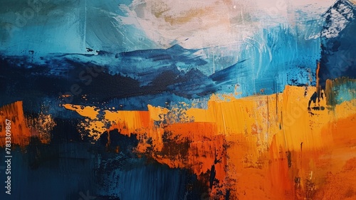 The oil painting abstract picture of the primary colour and secondary colour that is blue and orange in order mixing each other yet it uncompleted and split like they are fighting each other. AIGX01.