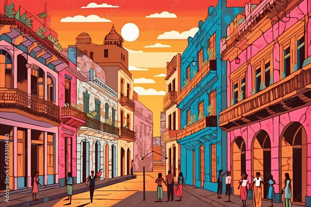 Fototapeta premium Havana urban landscape. Pattern with houses. Illustration