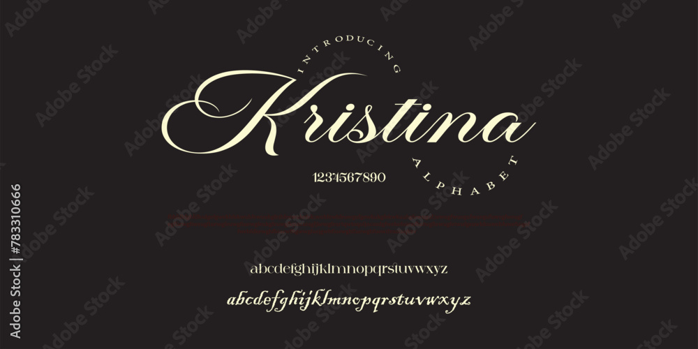 Kristina premium luxury elegant alphabet letters and numbers. Vintage wedding typography classic serif font decorative vintage retro. Creative vector illustration