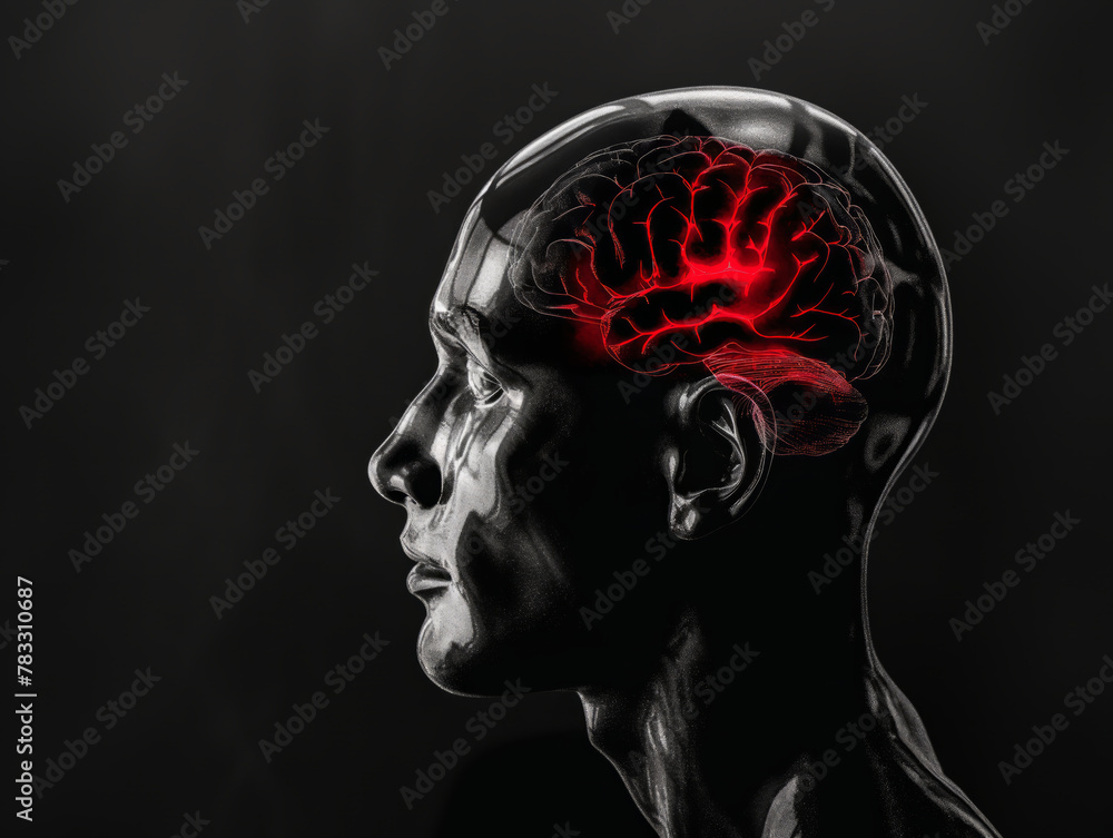 The image shows a mans head with a highlighted red brain, emphasizing the brains central role in cognitive processes.