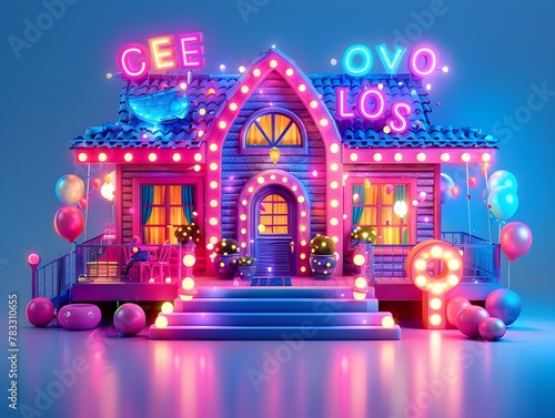 Vibrant Neon-Lit House Facade with Festive and Balloons for an Exciting Party