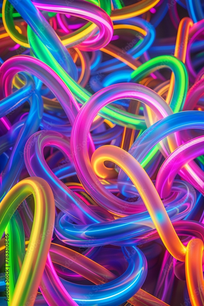 Neon light abstract, 3D render of tangled glowing tubes forming complex patterns, digital art, 2D surreal fantasy