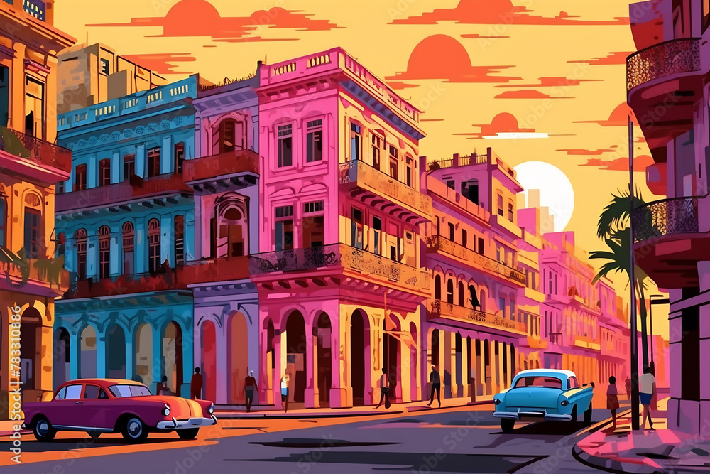 Havana urban landscape. Pattern with houses. Illustration