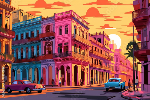 Havana urban landscape. Pattern with houses. Illustration