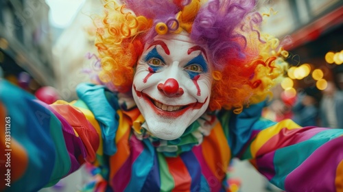 An amusing clown. An entertainer in a colorful suit and wig. A buffoon with whiteface makeup on. Trickster, jester, pantomime, mime. Professional actor at events, kids' parties, circus