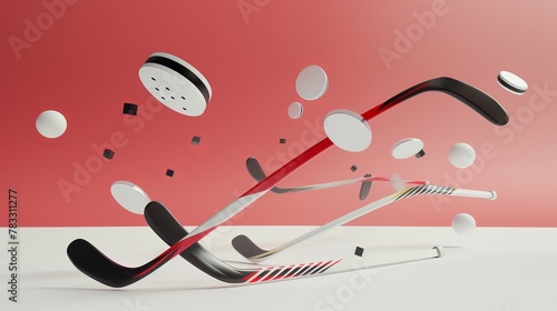 Hockey sticks and puck soaring through the air 3D style isolated flying objects memphis style 3D render AI generated illustration