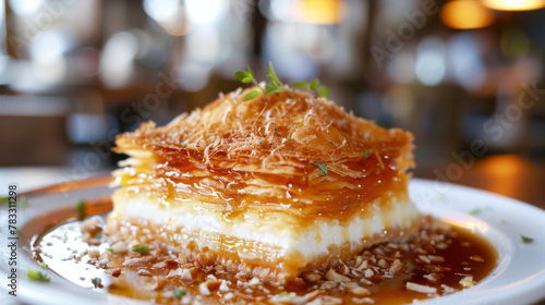 Close-up of traditional egyptian kunafa with sweet syrup and nuts