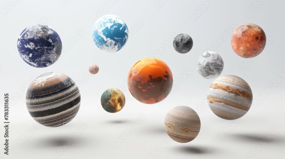 Isolated floating planets with unique textures 3D style isolated flying objects memphis style 3D render  AI generated illustration