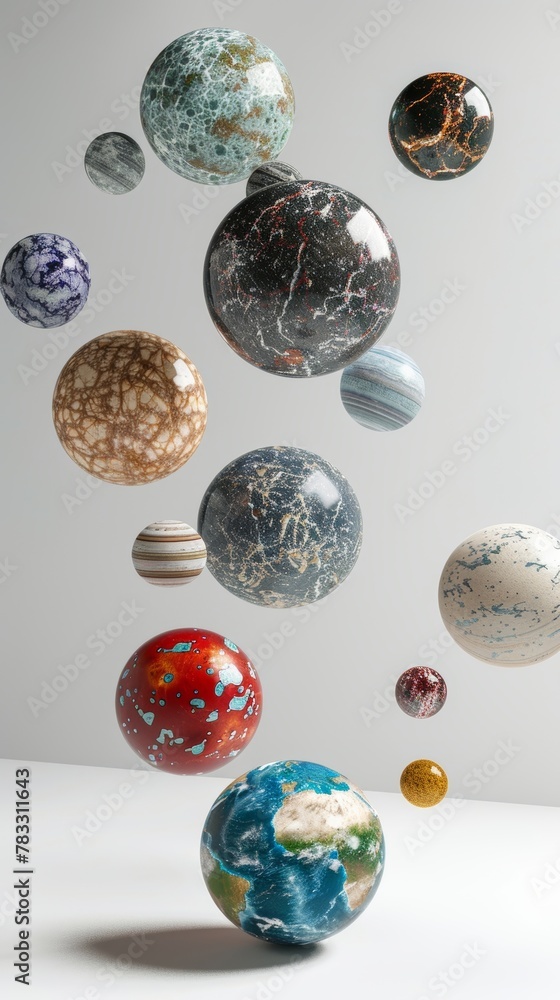 Isolated floating planets with unique textures 3D style isolated flying objects memphis style 3D render AI generated illustration Isolated floating planets with unique textures 3D style isolated flying objects memphis style 3D render AI generated illustration