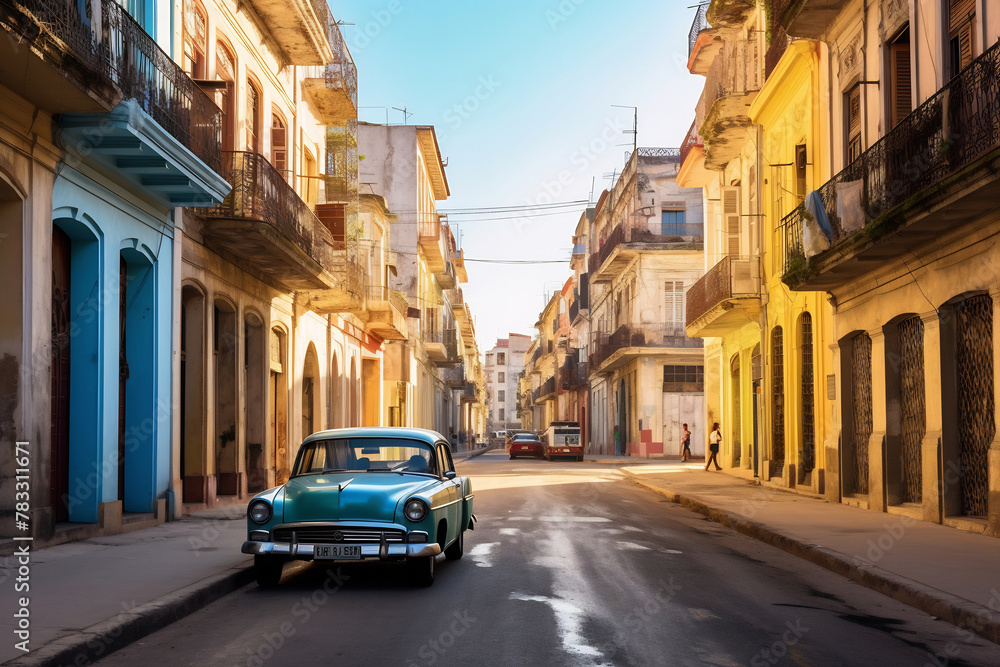 Old Havana downtown Street with old car