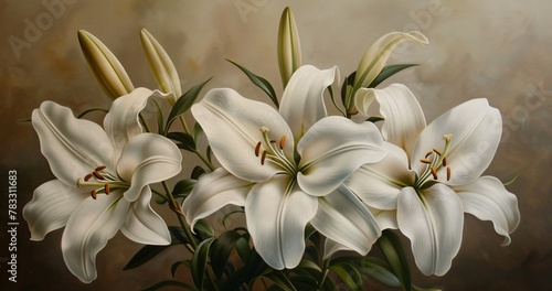White lilies in an oil painting exuding tranquility and grace a timeless portrayal of natures elegance
