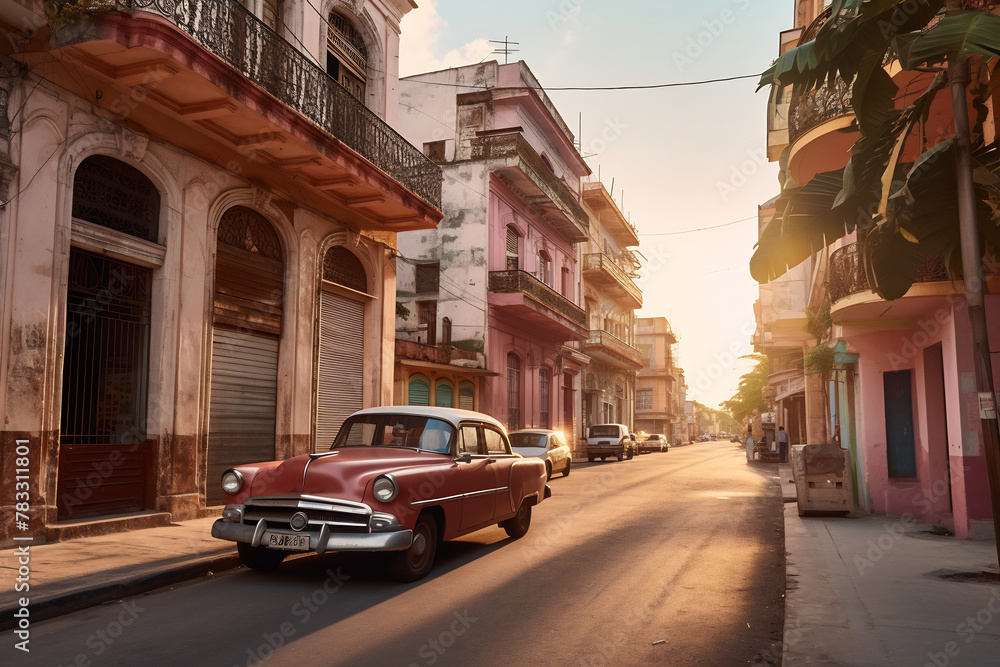 Old Havana downtown Street with old car