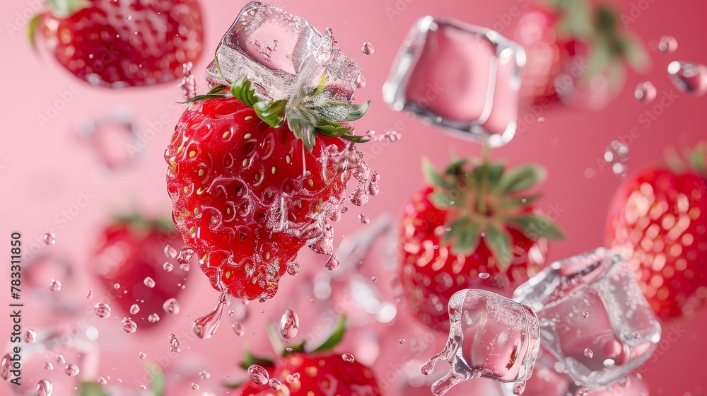 Juicy strawberries hovering in mid-air with icy accents and a pink background AI generated illustration Juicy strawberries hovering in mid-air with icy accents and a pink background AI generated illustration